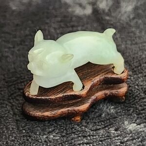 Antique Hand Carved Nephrite Jade Fu‎ Dog Figurine Wood Stand 1.5" Animal Figure